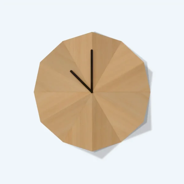 Wall clock design with three dimensional shapes cut with black dials