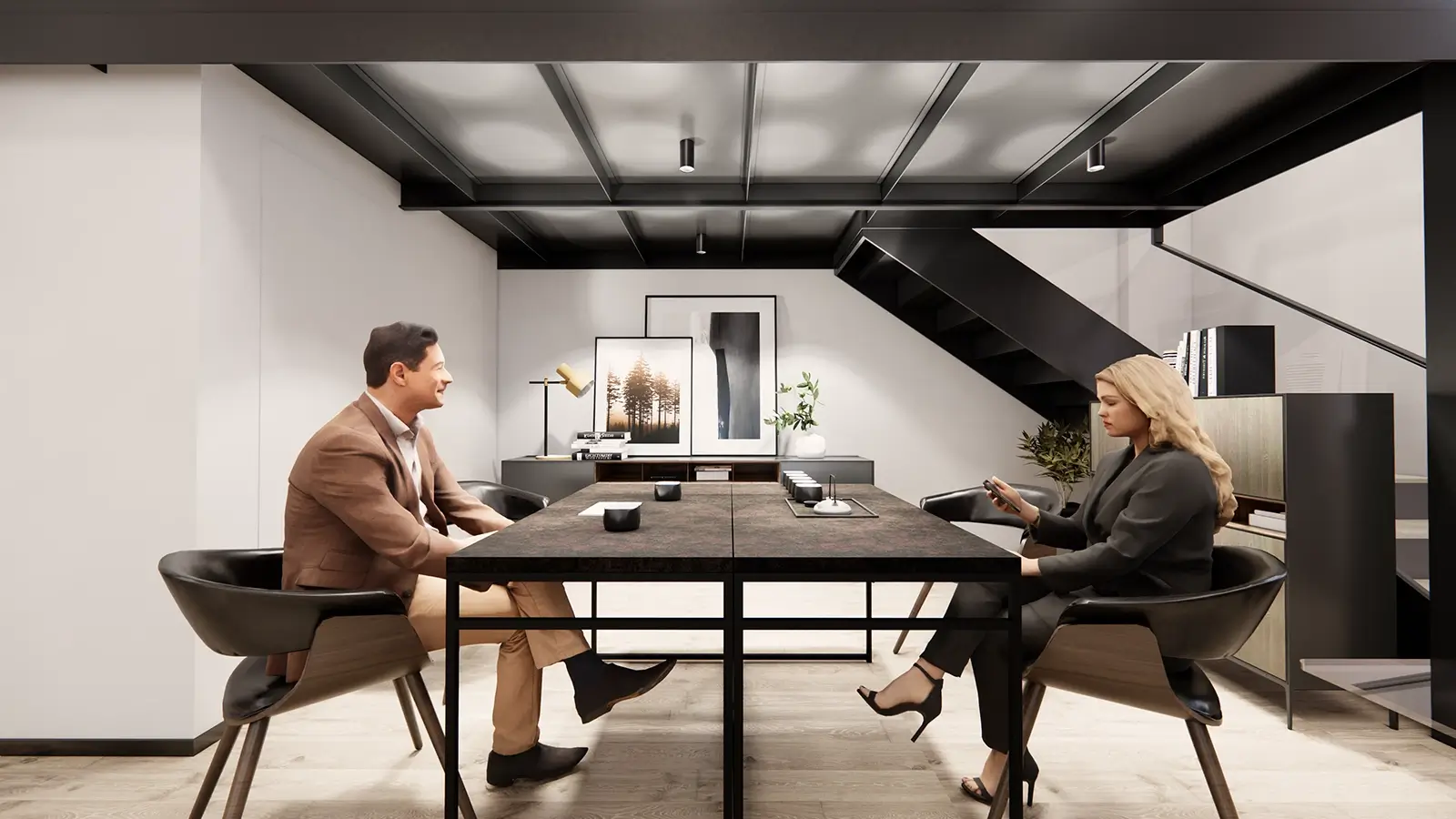 computer desk being used in office as makeshift meeting table